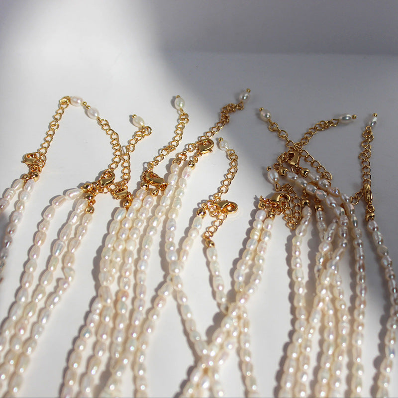 Natural freshwater rice grain pearl necklace elegant retro bamboo texture 26 English letter pendant collarbone chain