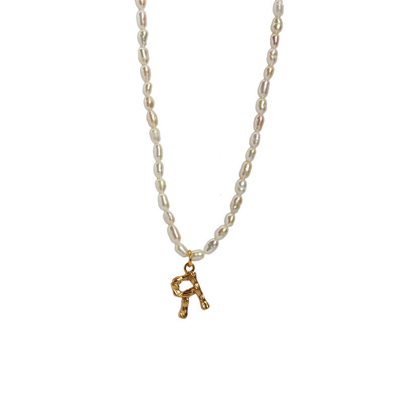 Natural freshwater rice grain pearl necklace elegant retro bamboo texture 26 English letter pendant collarbone chain